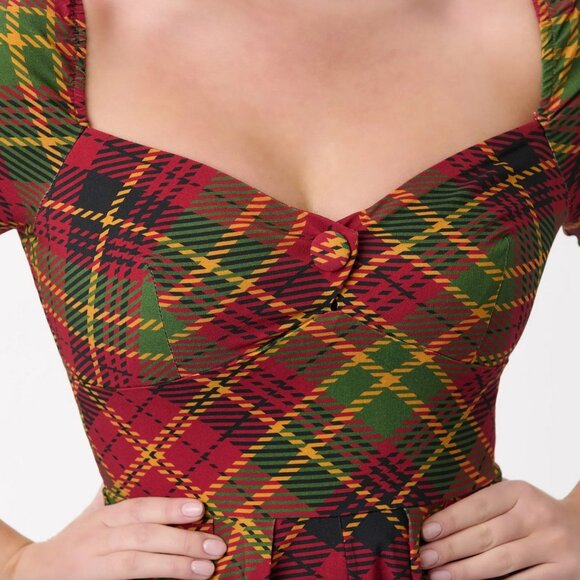 Unique Vintage 1950s Burnt Orange & Green Plaid Lamar Swing Dress (Size XL/14) - Picture 3 of 8